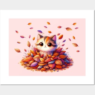 A Cute cat in a pile of leaves Posters and Art